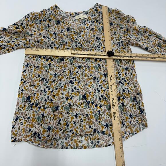 Cynthia Rowley Top Womens X Small Blue Yellow Ditsy Floral V Neck Tie Sleeve - Picture 5 of 7